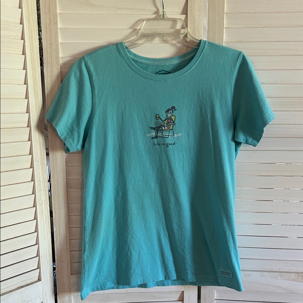 Life Is Good Women's Short Sleeve Tee in Teal with Beach Graphic